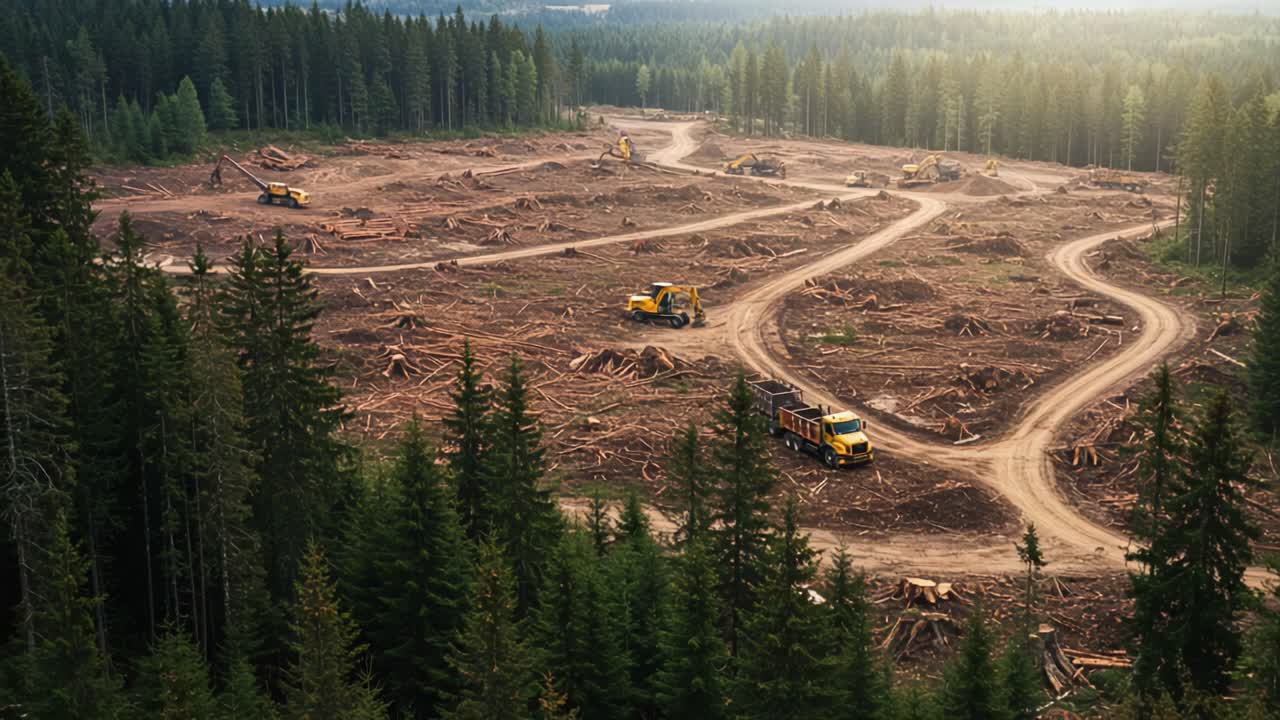 Aerial view of a deforested area showcasing heavy machinery clearing land, revealing a stark contrast between logging activity and surrounding forested regions