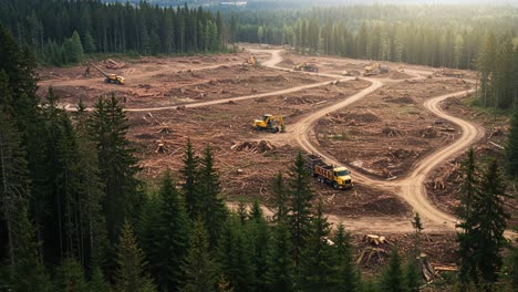 aerial view of a deforested area showcasing heavy machinery clearing land, revealing a stark contrast between logging activity and surrounding forested regions