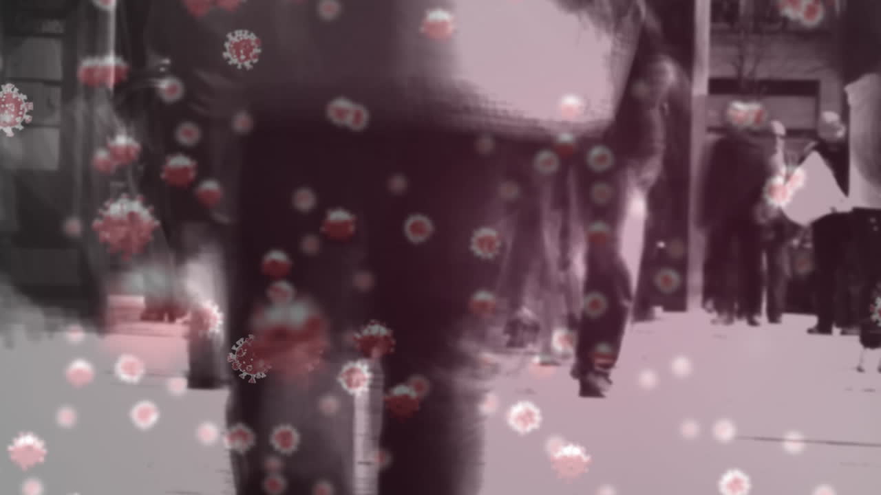 거리에서  ⁇ 는 사람들 위에 미세 코로나바이러스 코로나19 세포의 애니메이션