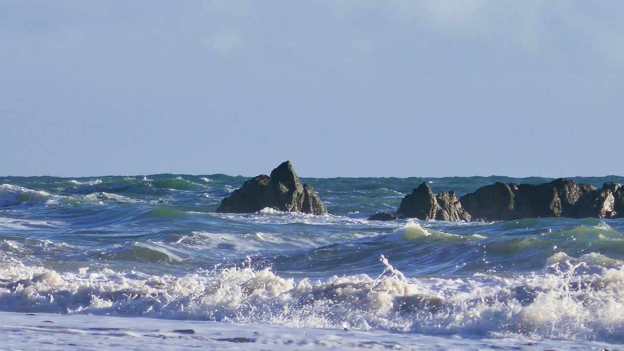 Ireland winter storm beach battered by waves and high seas Copper Coast Waterford in winter