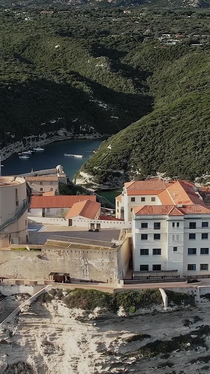 Vista della città di Bonifacio sulle scogliere in Corsica con colline verdi e porto