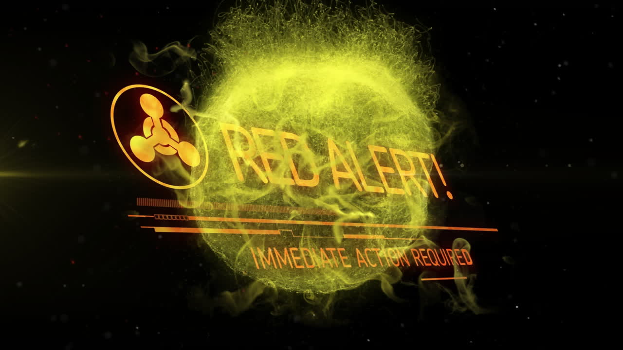 Red alert and immediate action required text over glowing yellow sphere animation