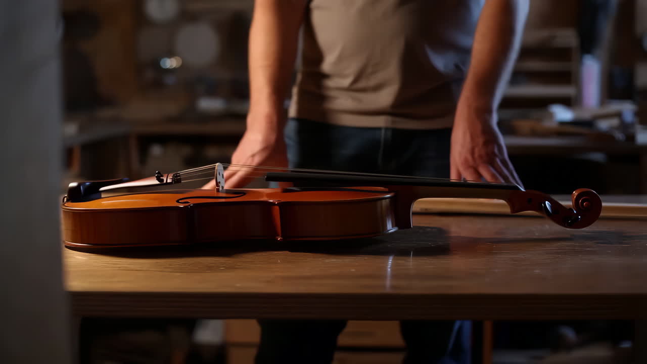 Violin on a workbench with a person in the background