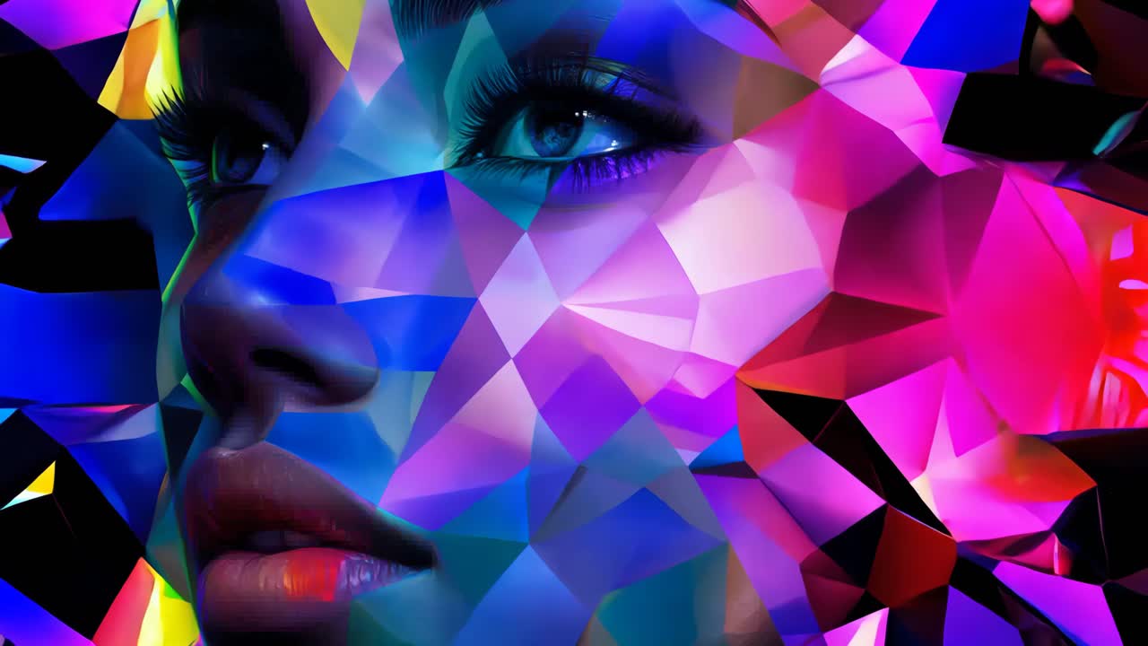 A woman's face is shown in a colorful, abstract style. The colors are bright and bold, and the woman's eyes are the focal point of the image. Scene is energetic and vibrant