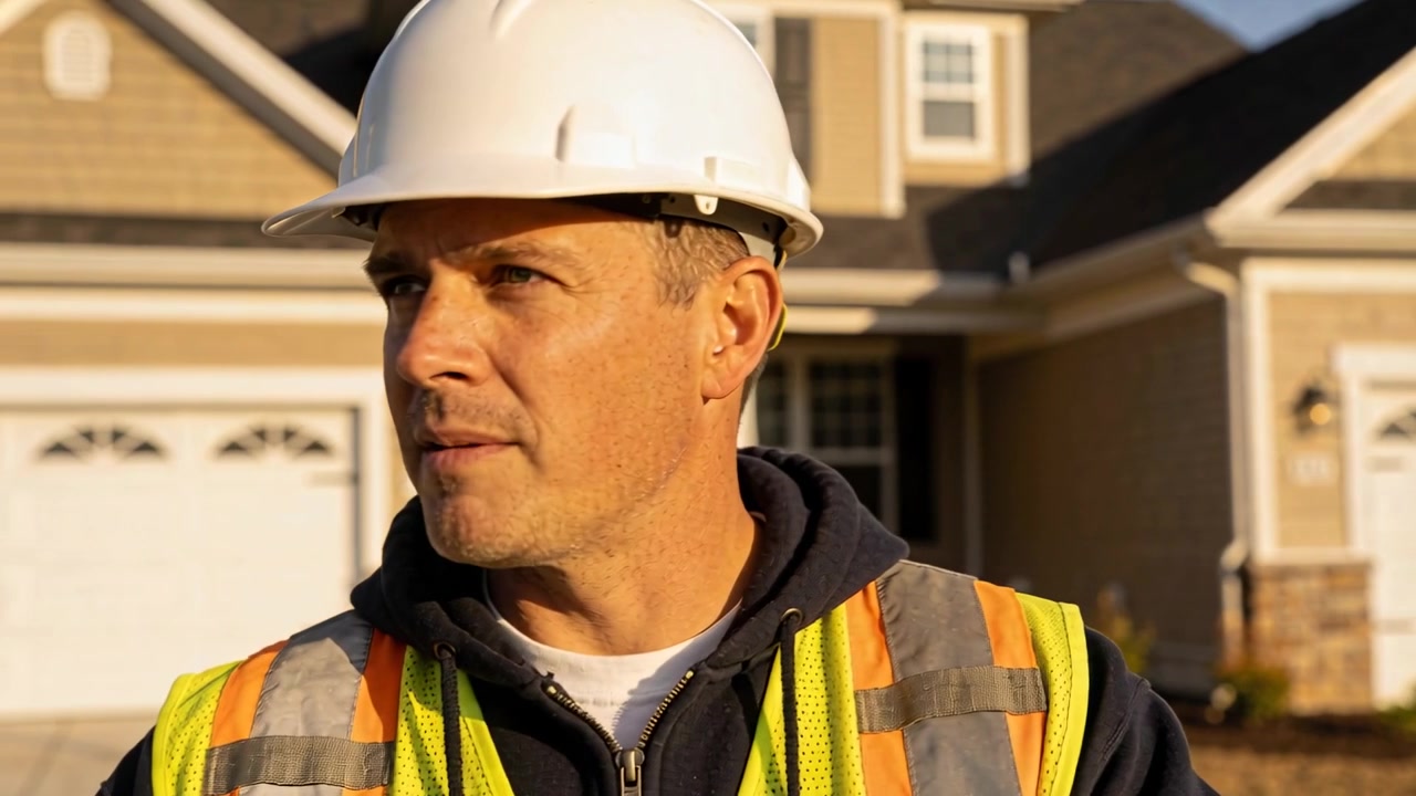 Hearing off-camera call, contractor turning and speaking by suburban house in hard hat, neon vest