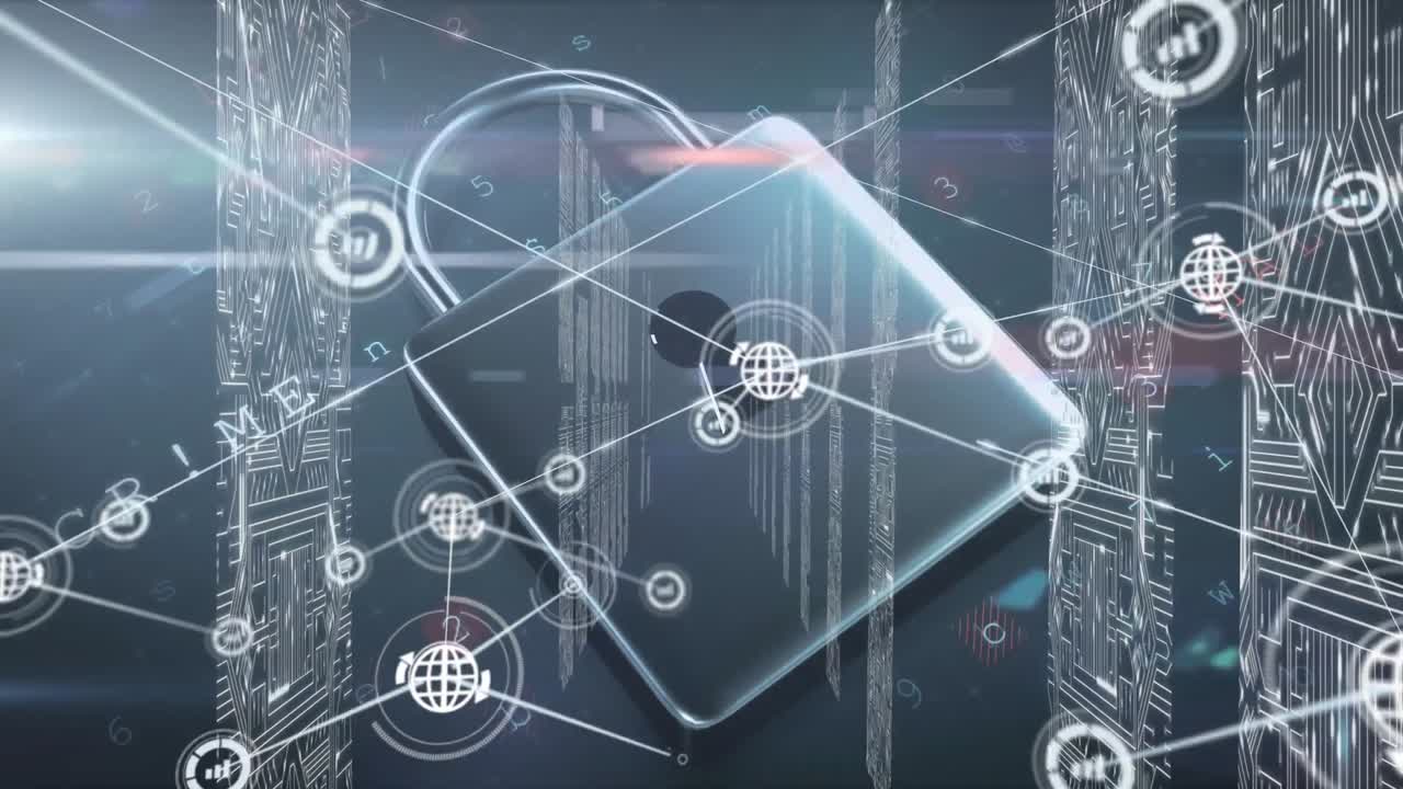 Animation of network of connections with icons over server room