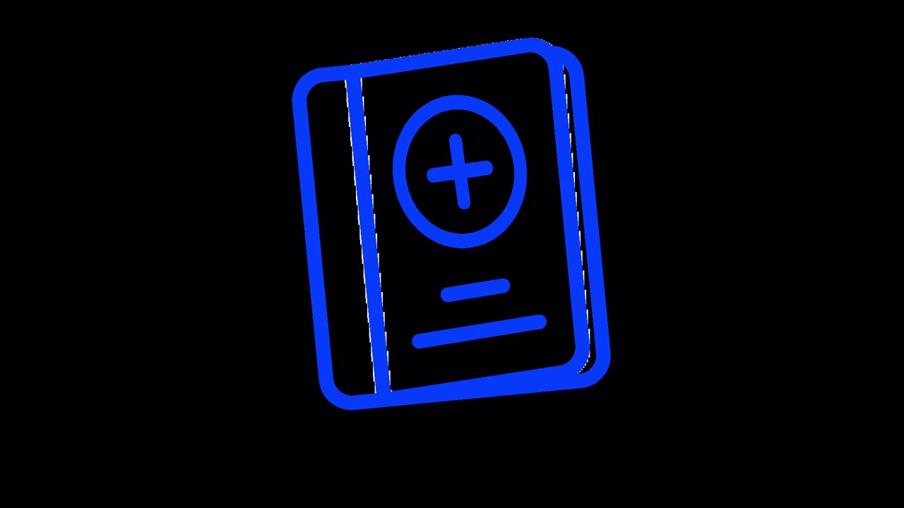 Blue Animated Book Icon with Plus Sign on Black Background