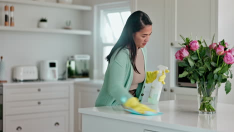 Spray,-cleaning-and-woman-at-counter-in-kitchen