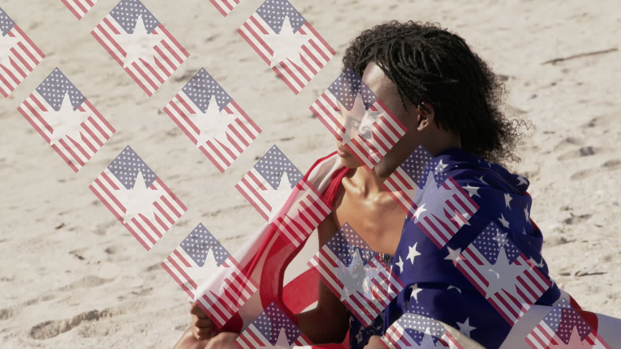 animación de banderas de ee.uu. sobre mujeres diversas sentadas en la playa
