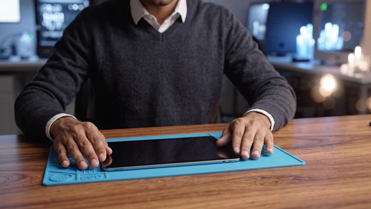Un individuo concentrato dimostra una manipolazione attenta di un dispositivo tablet su una superficie di lavoro elegante, illustrando precisione e un uso attento della tecnologia in un contesto professionale.