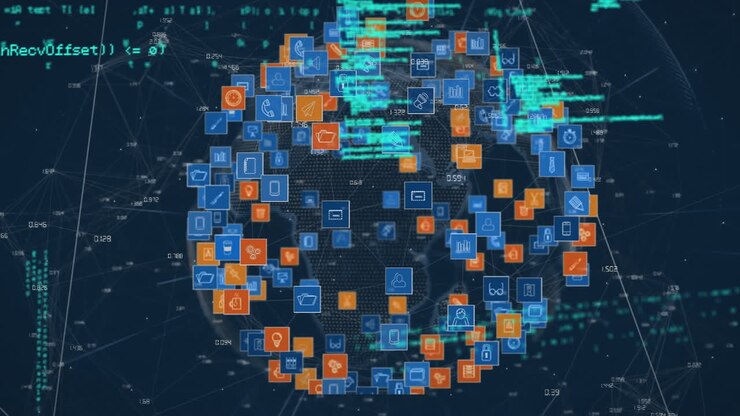 Animation of data processing and networks of connections over grind