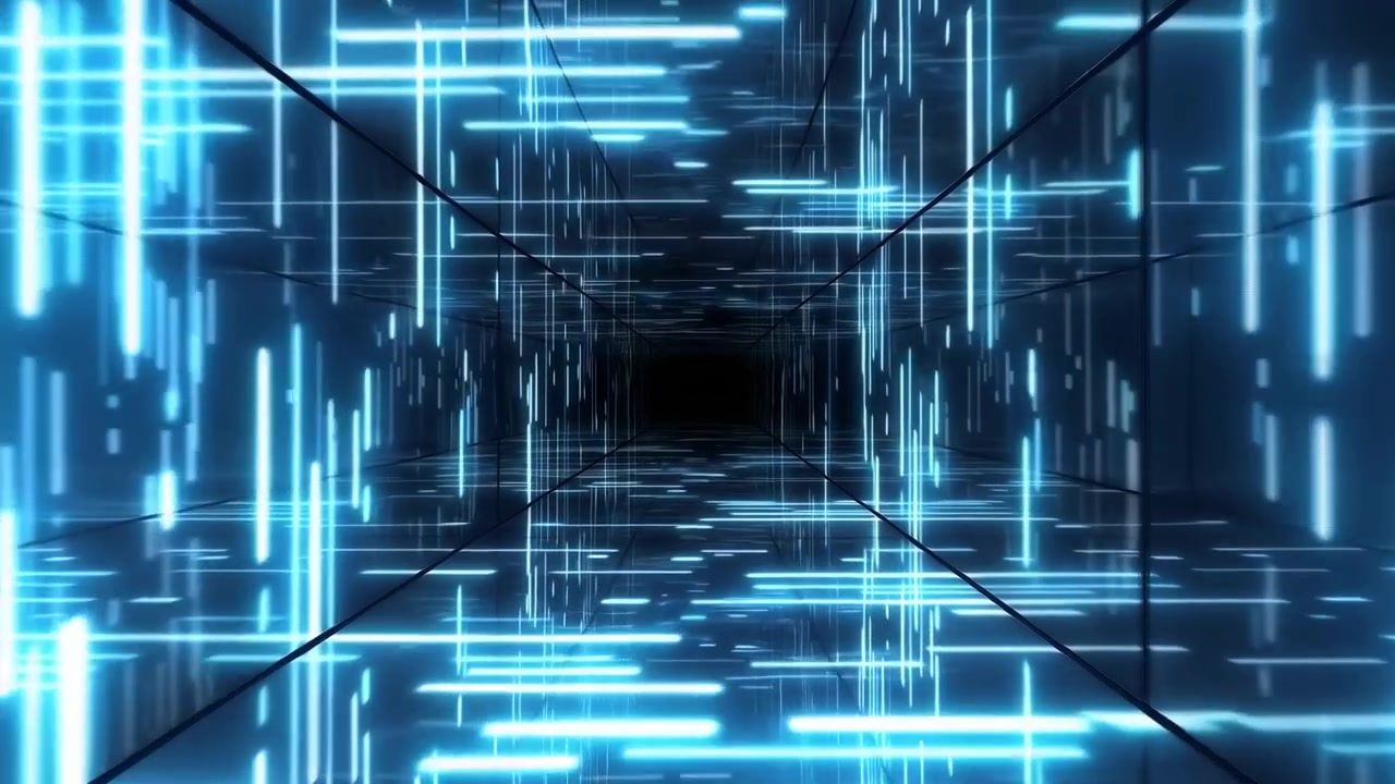 Glowing Blue Corridor Of Moving Lights, Reflective Walls And Vertical Streaks Create Tunnel Perspective,
