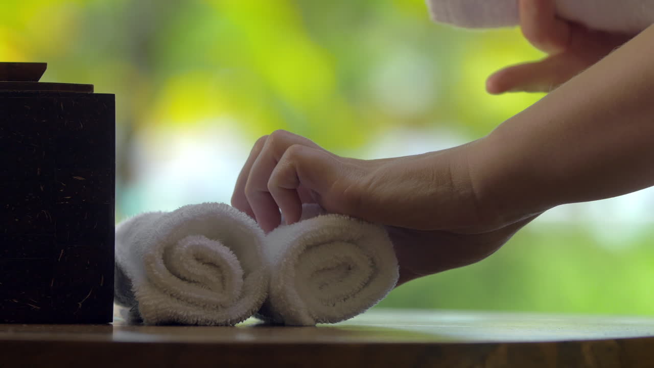 Disposizione di asciugamani freschi con un fiore sul tavolo in una spa