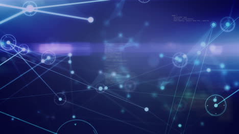 animación de moléculas, red de conexiones y procesamiento de datos sobre fondo azul