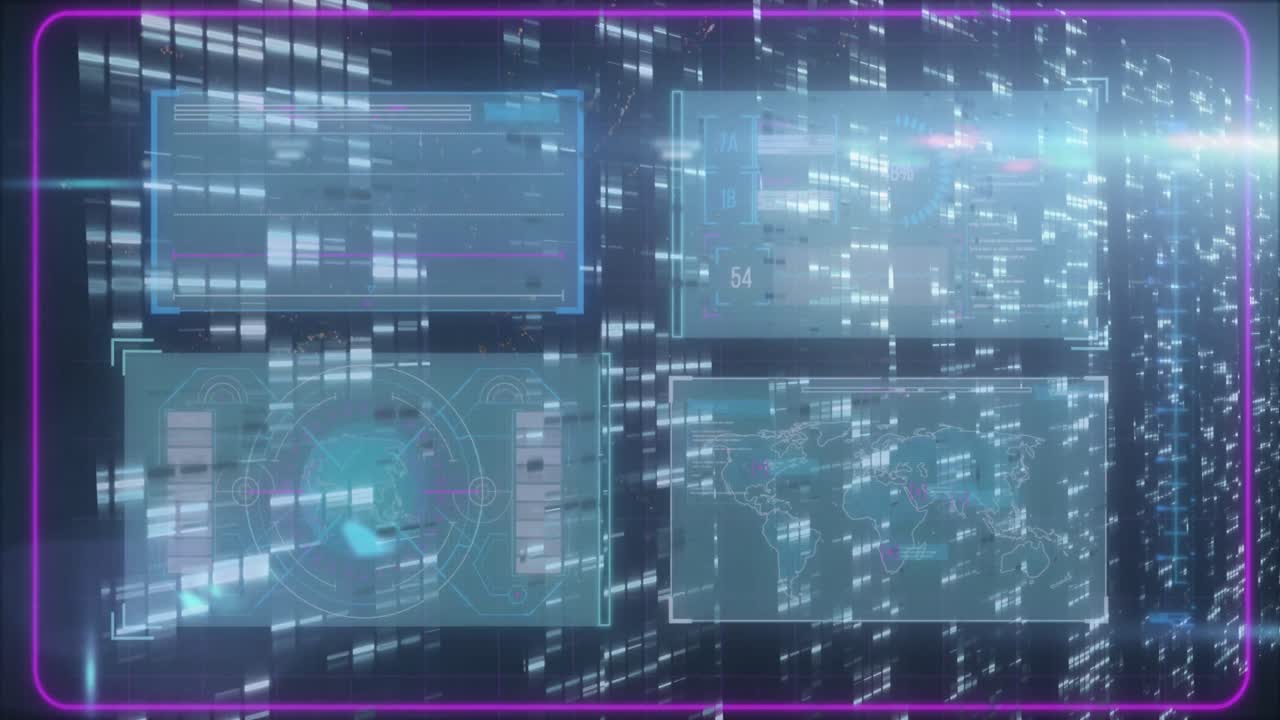 Animation of data processing and moving columns over fireworks