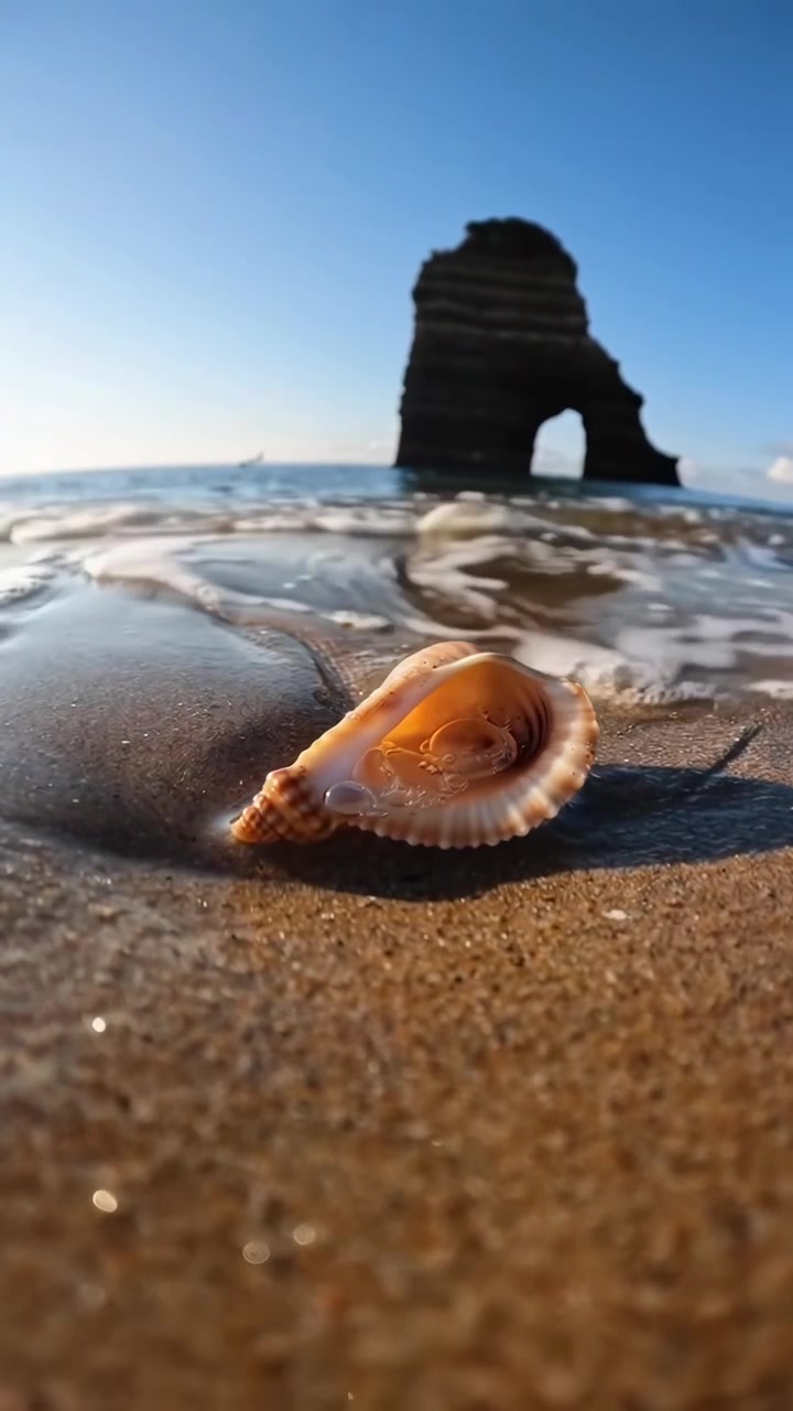 Gentle Waves Wash Over Seashell on Sandy Beach with Distant Sea Arch
