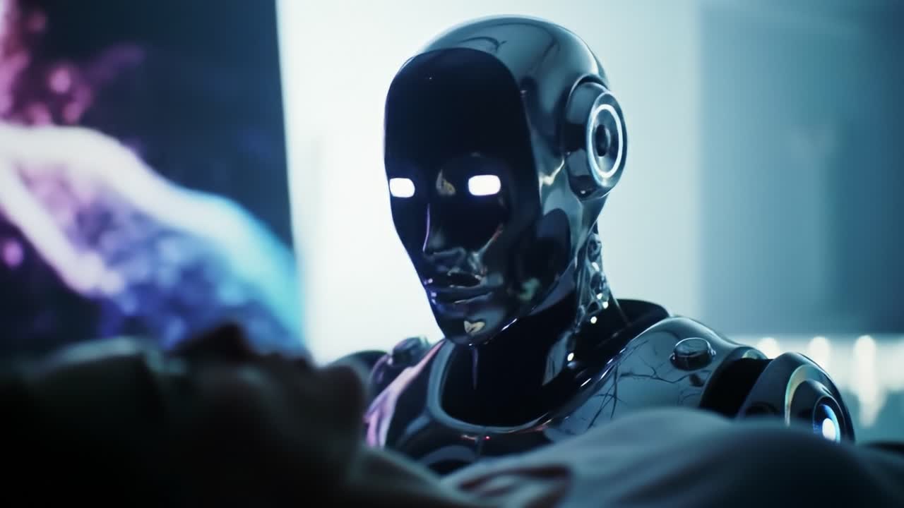 Un incontro futuristico: L'interazione tra un robot avanzato e un essere umano in un ambiente ad alta tecnologia ricco di elementi visivi mistici e luminosi