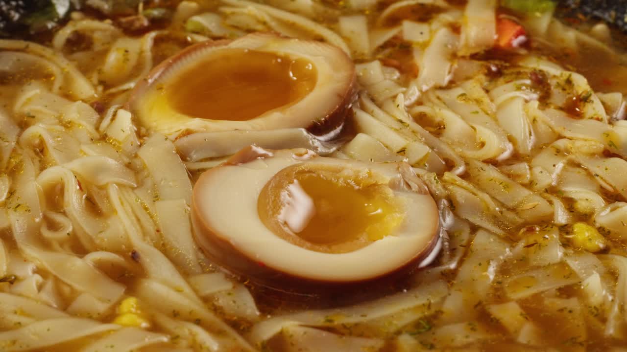 Close-up of a bowl of delicious ramen with boiled egg