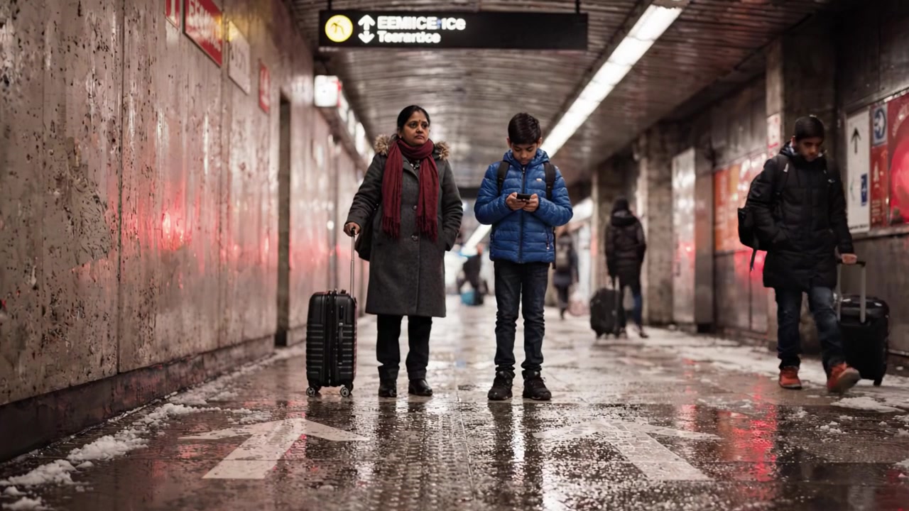 A mother and son navigate a chilly underground transit station, surrounded by glistening wet floors and vibrant signs while waiting, lost in their own thoughts.