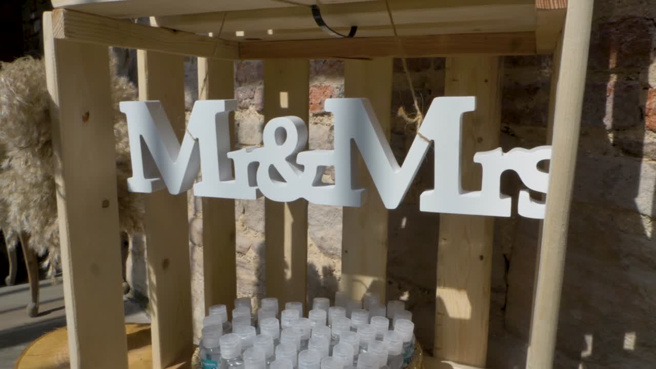 Slow motion of wedding set up with sign Mr and Mrs, 4K hi quality footage