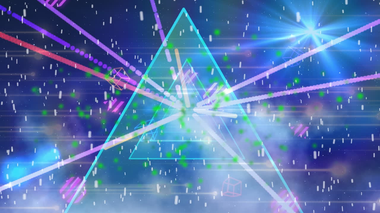 여러 개의 파란색 삼각형의 애니메이션으로 아이콘이 떠다니고 반이는 광선이 있습니다.