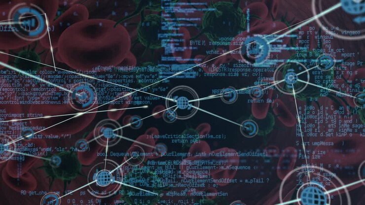 Network of digital icons and data processing over covid-19 cells and blood vessel on blue background