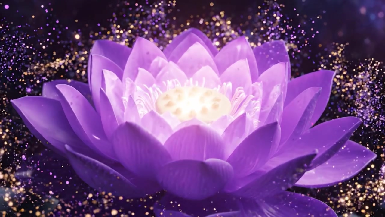 Un incredibile viaggio visivo attraverso l'evoluzione di un vibrante fiore di loto viola, che ne cattura la bellezza e le complessità su uno sfondo magico pieno di luci scintillanti