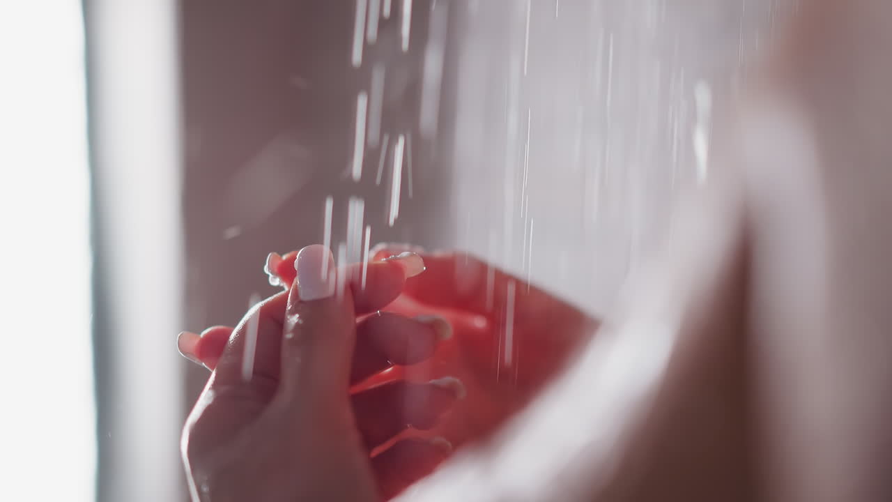 Woman hands in water splashes in shower cabin closeup. Lady catches clear liquid drops by palms enjoying bathing at home. Spa procedure relax