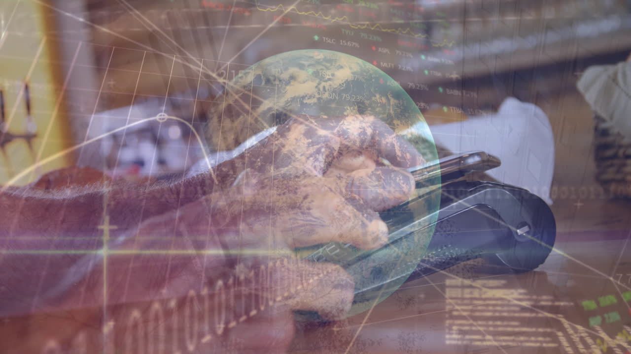 анимация обработки финансовых данных над людьми, использующими смартфоны и платежные терминалы