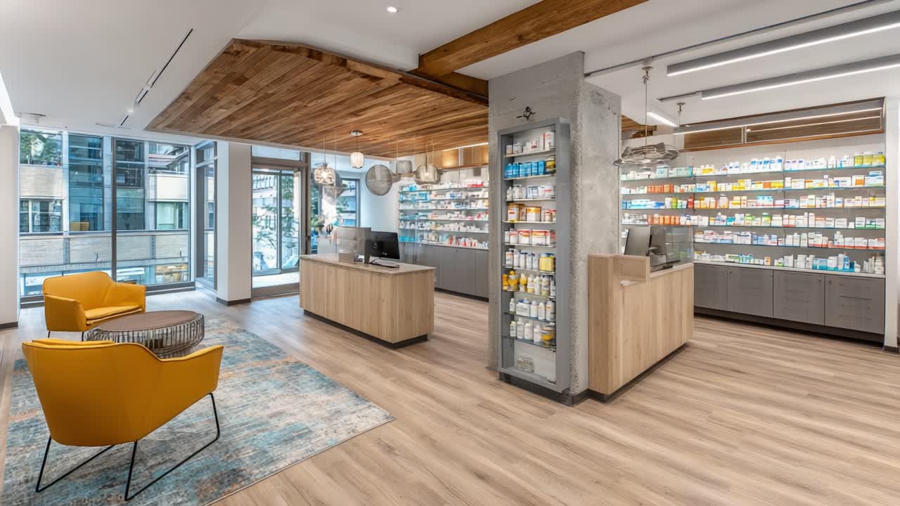 Modern Pharmacy Interior Featuring Well-Organized Shelves and Comfortable Seating Area with Natural Light and Wooden Accents for a Welcoming Experience