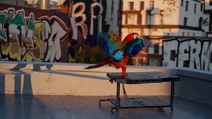 Un vivace esemplare di ara spiega le sue ali colorate su un tetto, mettendo in mostra un movimento dinamico sullo sfondo di graffiti urbani e la calda luce del tramonto.