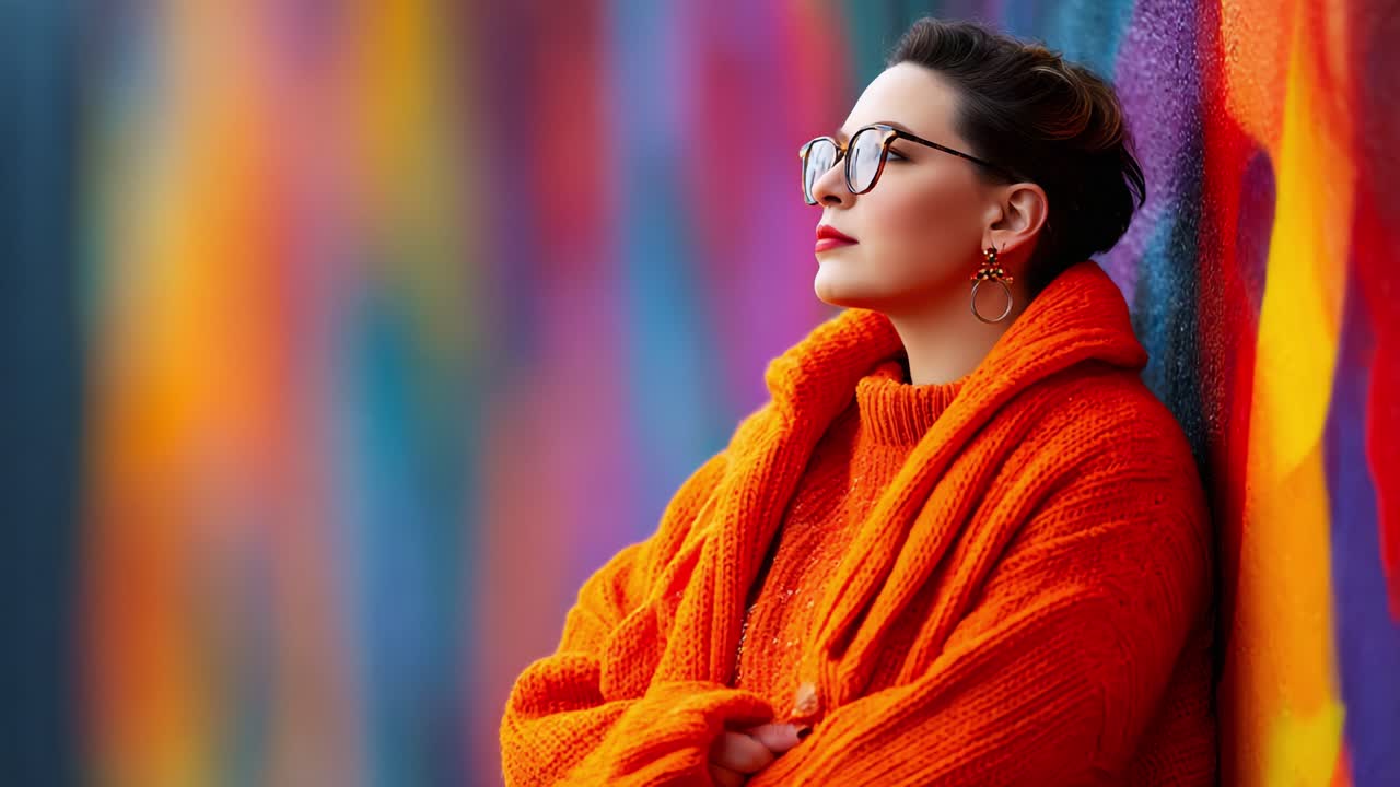 A vibrant portrait of a stylish woman in orange attire, gracefully poised against a colorful mural backdrop, radiating confidence and warmth through her expressive gaze and chic fashion choices