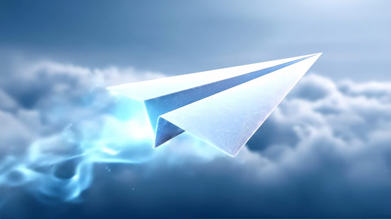 Flying paper airplane above the clouds. A paper airplane soars through a bright sky, gliding above fluffy white clouds with sunlight shining