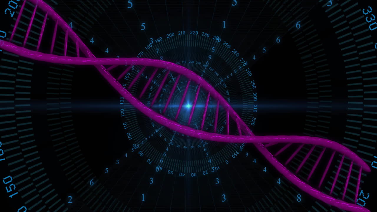 Animation of dna strand over data processing on black background