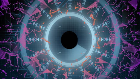 geometric shapes and particles animation surrounding central black circle