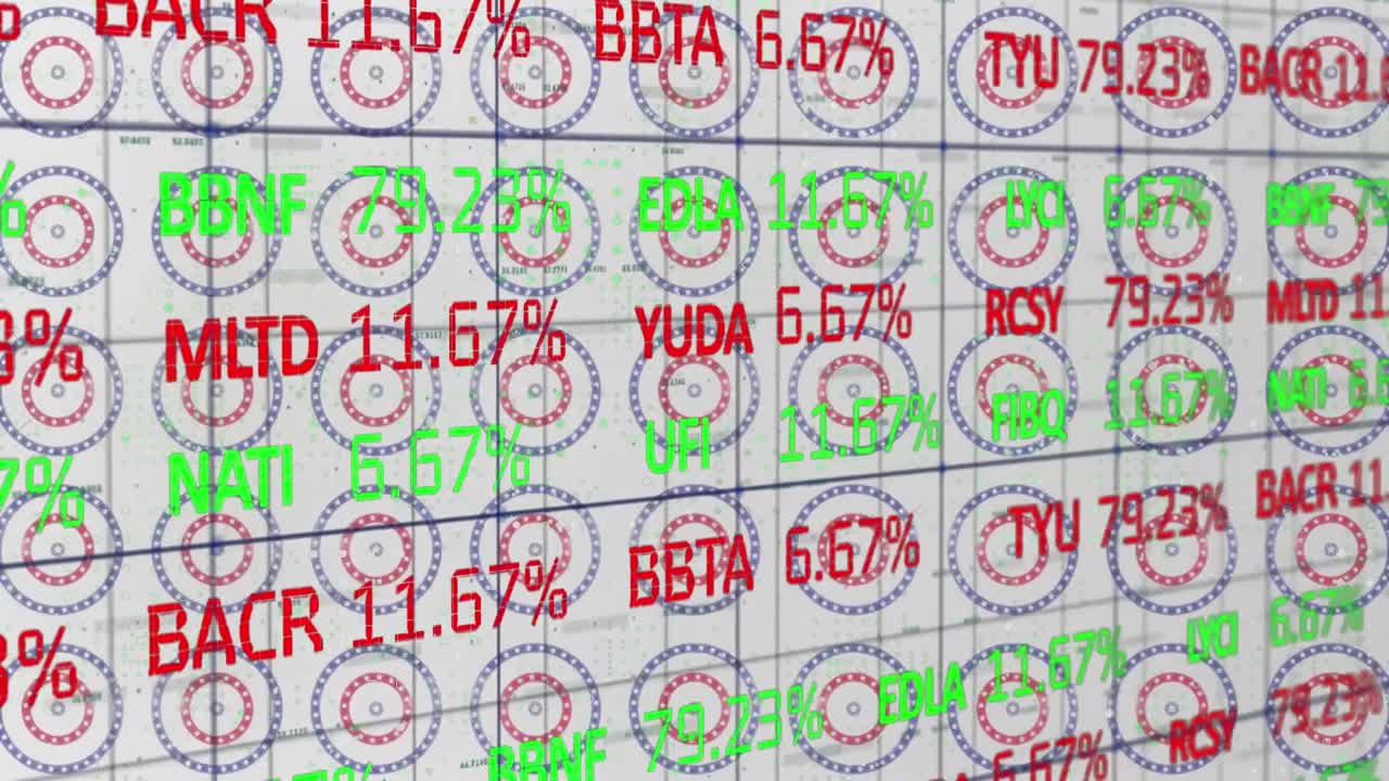 주식 시장 데이터 처리 백색 배경에 회전하는 원에 여러 별에 대하여