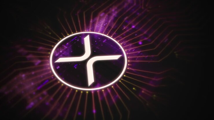 Sfondo digitale futuristico che evidenzia la tecnologia avanzata di criptovaluta e crittografia, con reti blockchain e sistemi crittografici sicuri: Ripple coin, XRP.