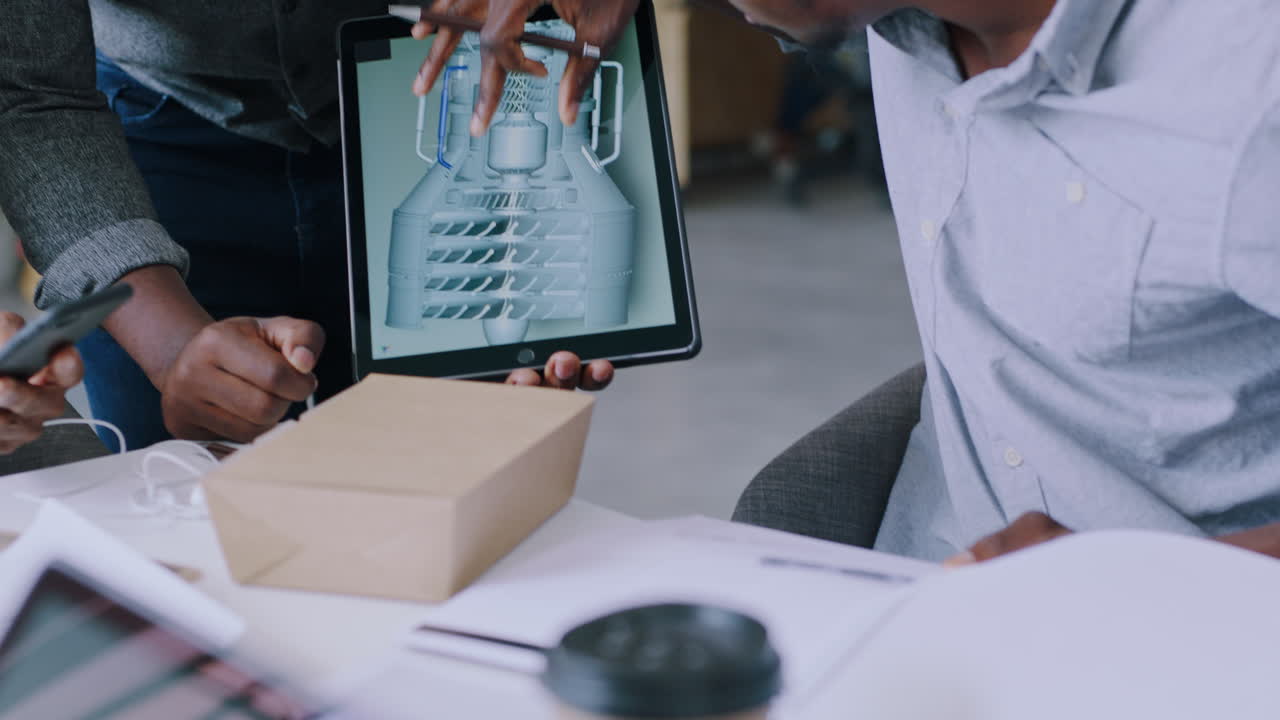 Black people, tablet or laptop in engineering