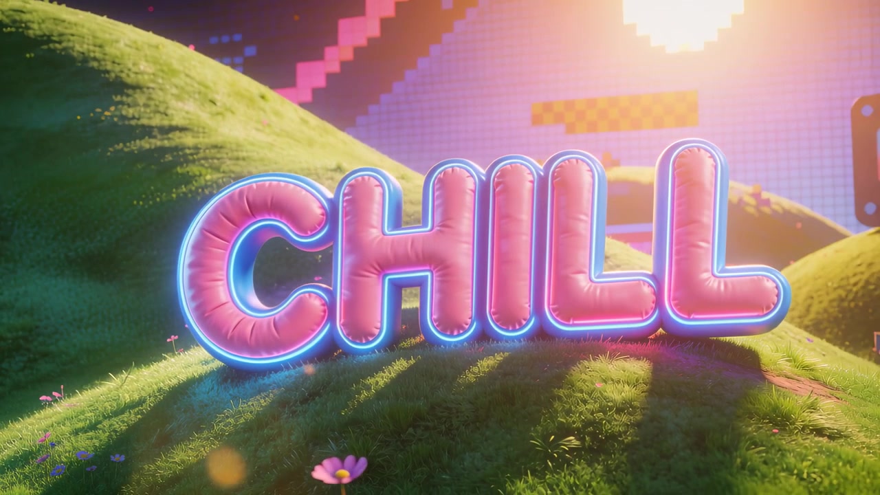 Intensifying warm light bathing large 3D CHILL letters on grassy hill, revealing pastel blocks