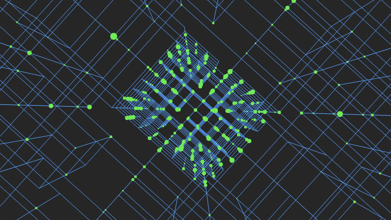 Futuristic neon cube with lines and dots on dark space