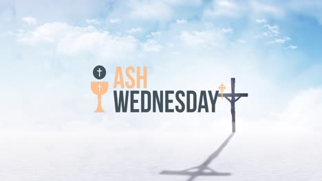 animation of ash wednesday and christian cross over clouds and sky