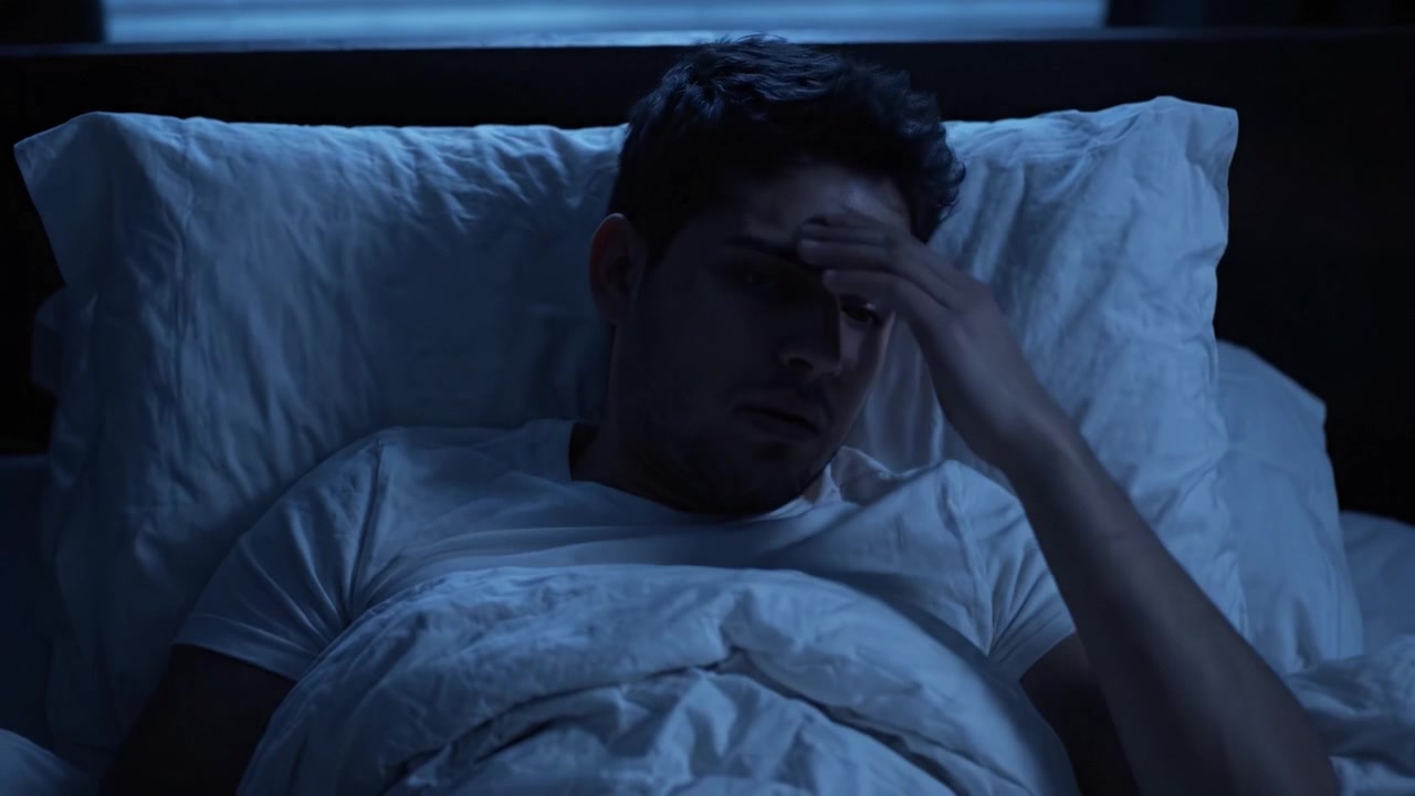 Un Joven Lucha contra el Insomnio y la Ansiedad mientras Yace en la Cama, Atrapado en sus Pensamientos Durante la Noche Silenciosa, Reflexionando sobre su Agitación Interna e Inquietud.