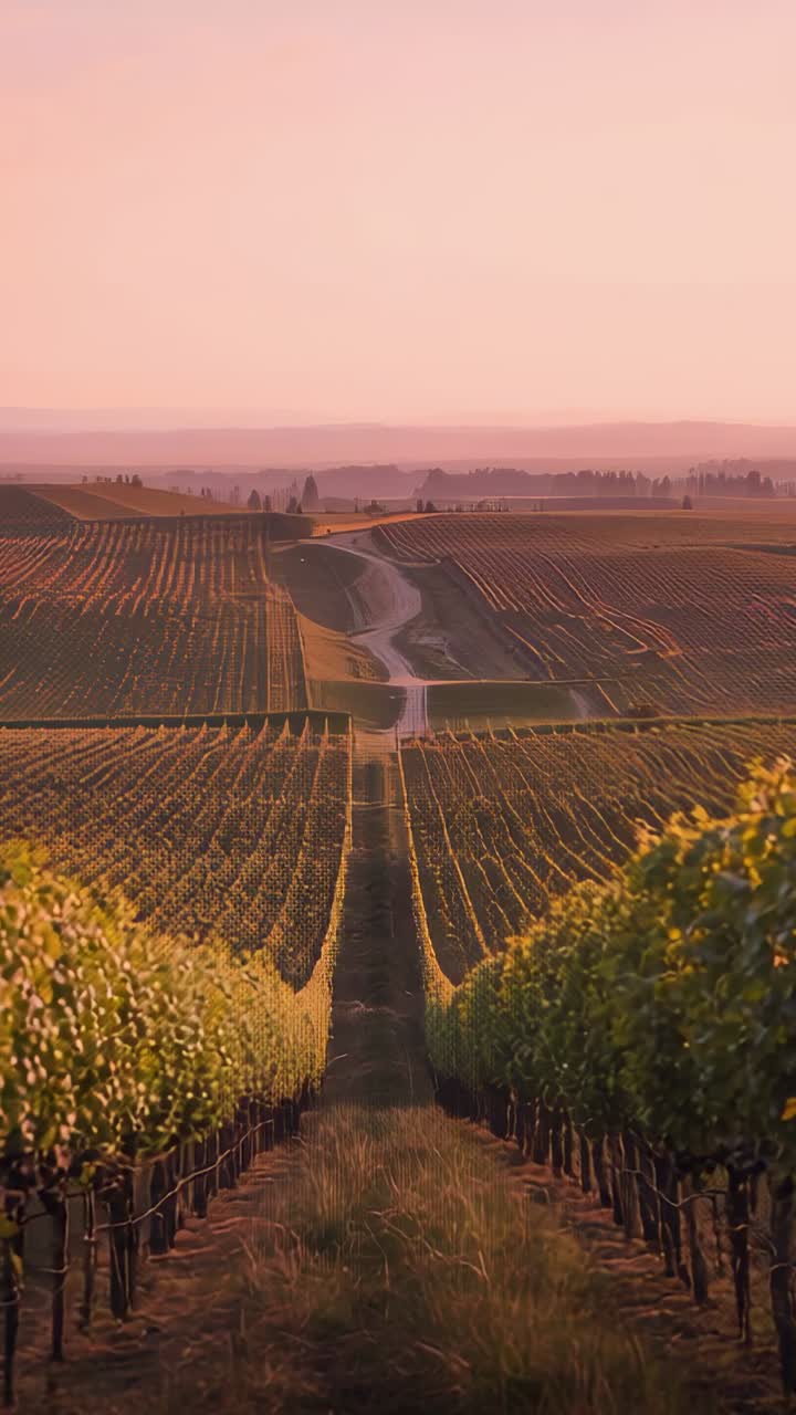 Video verticale: luce intensa del tramonto che illumina il corridoio centrale del vigneto, viti che proiettano lunghe ombre