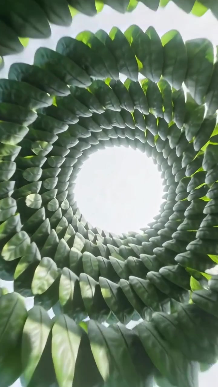 Video vertical: Espiral de hoja verde girando mientras la cámara asciende, revelando una apertura de cielo brillante.