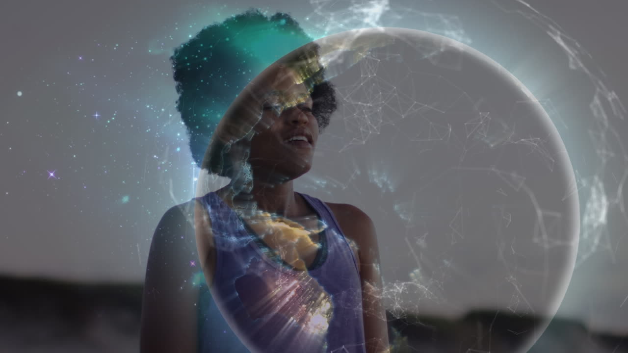 animación del globo sobre una mujer afroamericana de alto nivel en la playa