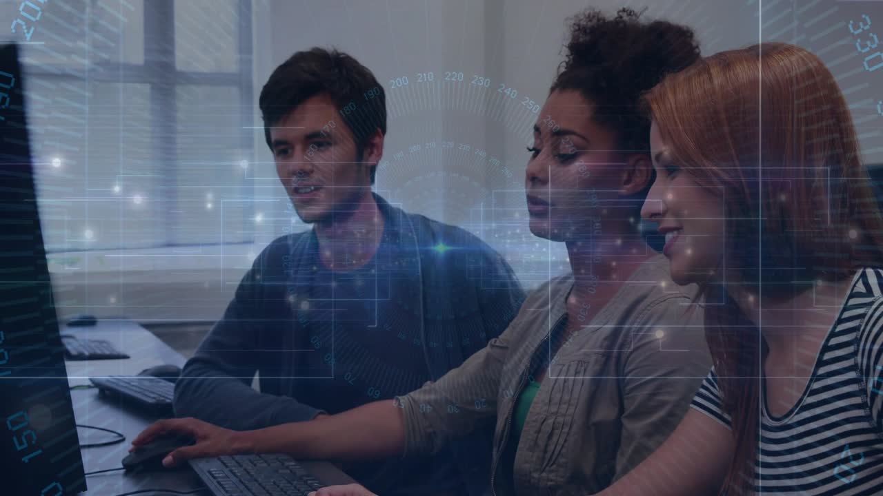 Working three colleagues leaning at desk, center woman using monitor, HUD overlay, striped top