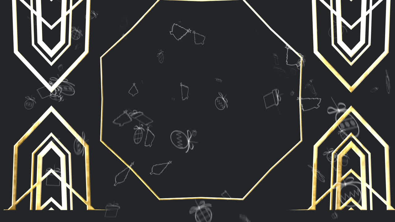 금색 칼레이도스코프 패턴과 검은색 배경에 떠다니는  ⁇ 색 크리스마스 아이템의 애니메이션