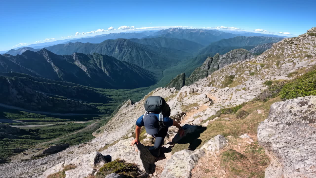 Hiker Ascending a Rocky Mountain Trail with Panoramic Views