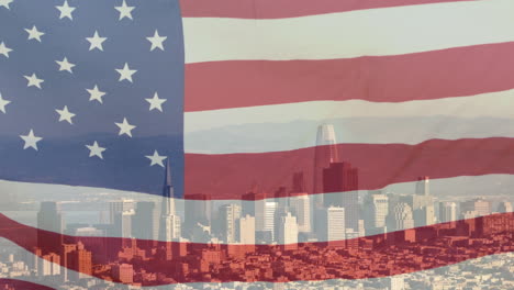 animation of american flag with city behind