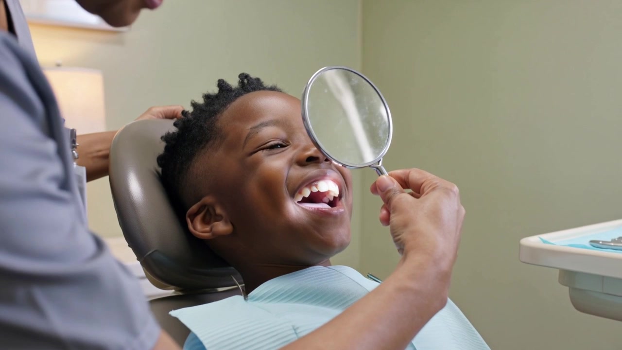 Leaning dentist guiding child holding mirror, wearing light blue bib, inspecting mouth and laughing